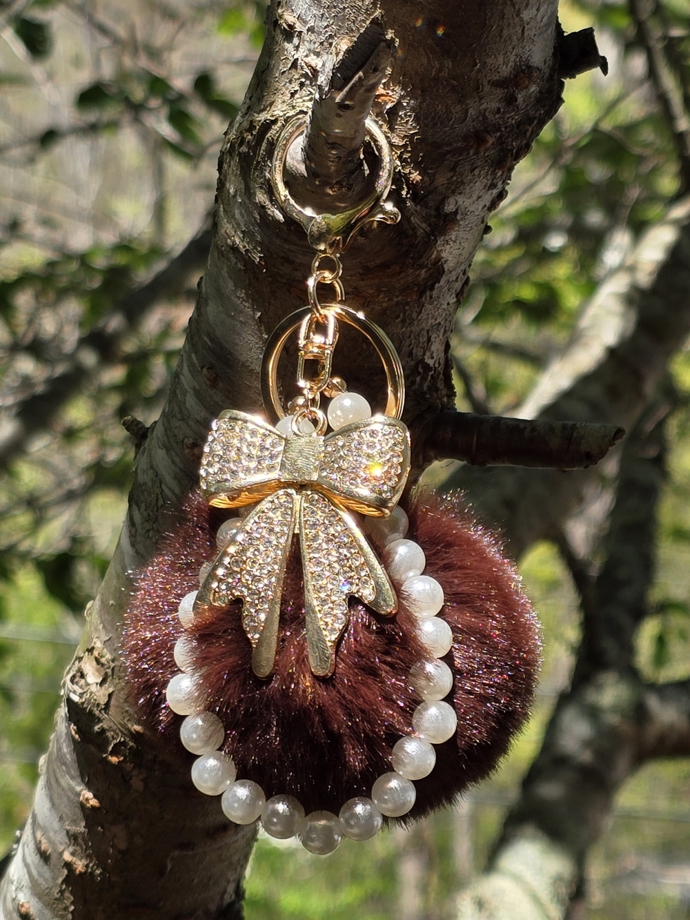 Gold Bow Brown Fur Pom Pom Purse Charm with Pearl Bead Accent
